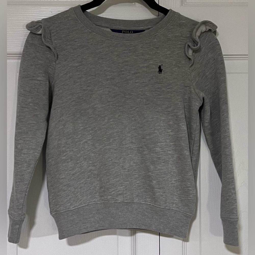 Girls Polo Ralph Lauren Ruffled Shoulder Long Sleeved Gray Sweatshirt